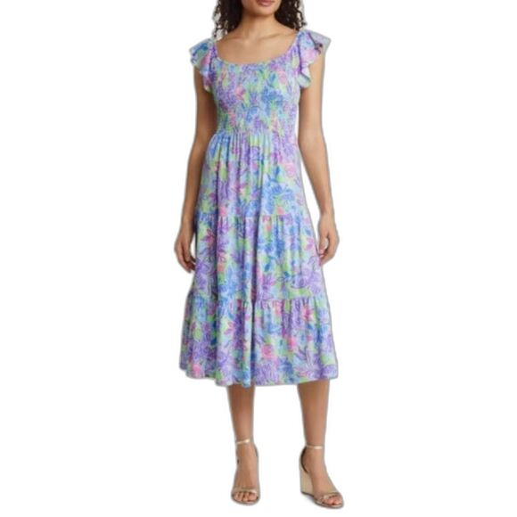 Lilly Pulitzer Jilly Smocked Midi Dress Woman Size XS Dew Drop Stay Fly Smocked - Picture 1 of 14